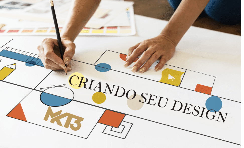 Agência de Marketing Digital em São José dos campos SJC. Design Visual para post e carrossel Instagram e Facebook mão comum lápis, criando desenhos com a logo mkt3 e descrição criando seu Design. Agência Mkt3 Digital